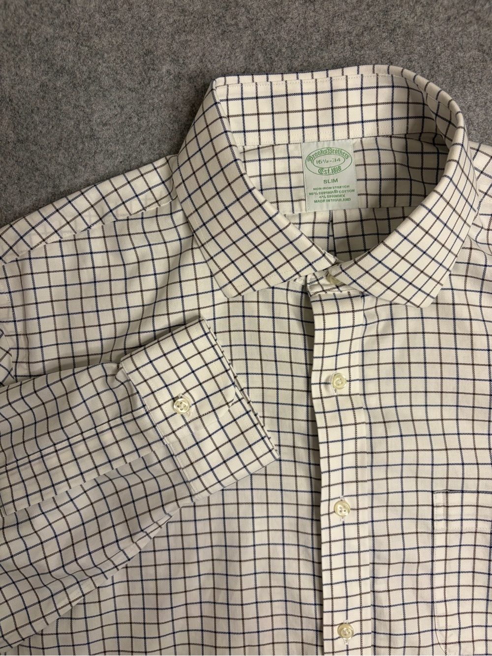 Brooks Brothers White Dress Shirt with Navy and brown Windowpane Grid
